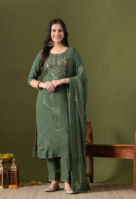 Mehndi Green Georgette & Crepe Mukaish Kurta Set