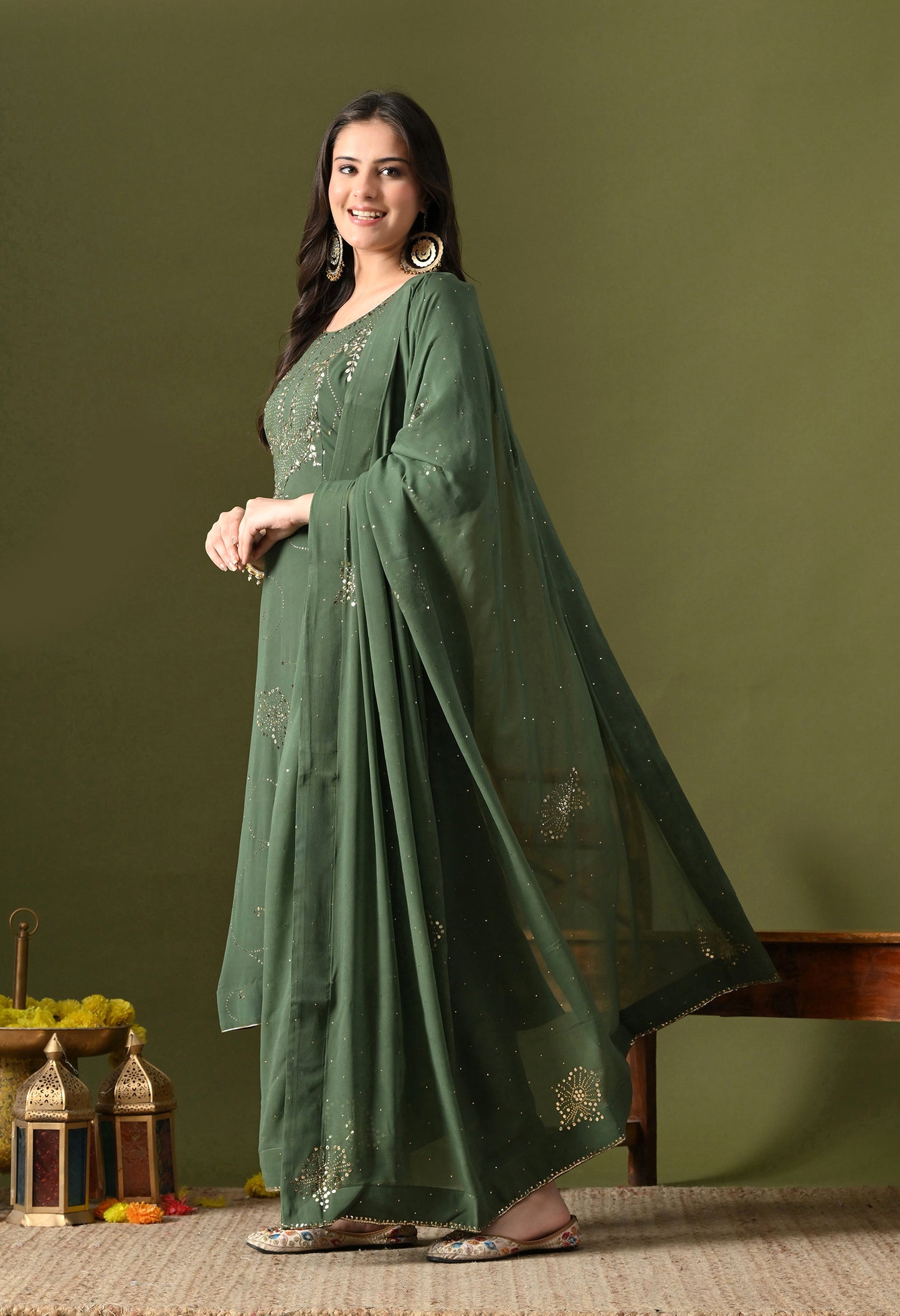 Mehndi Green Georgette & Crepe Mukaish Kurta Set