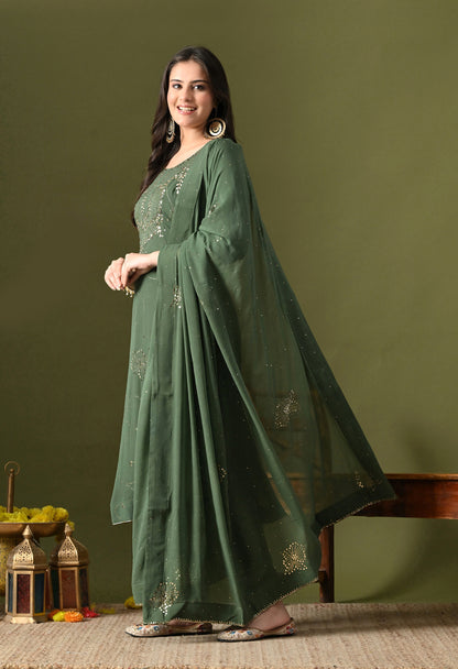Mehndi Green Georgette & Crepe Mukaish Kurta Set