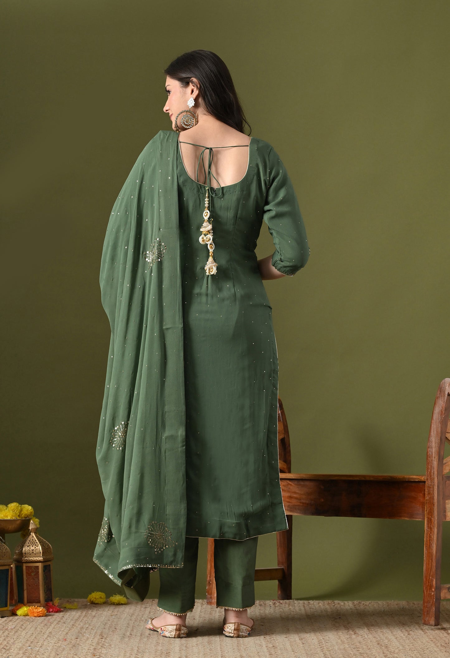 Mehndi Green Georgette & Crepe Mukaish Kurta Set