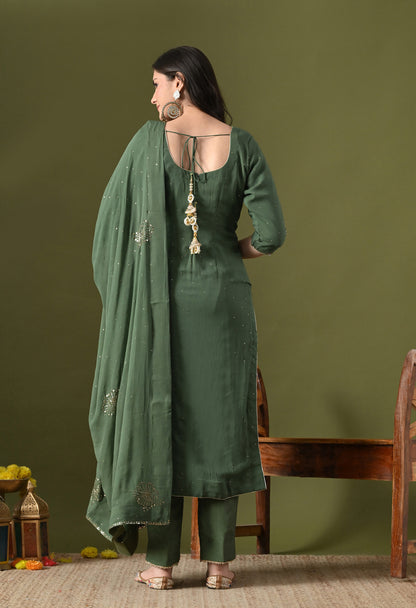 Mehndi Green Georgette & Crepe Mukaish Kurta Set