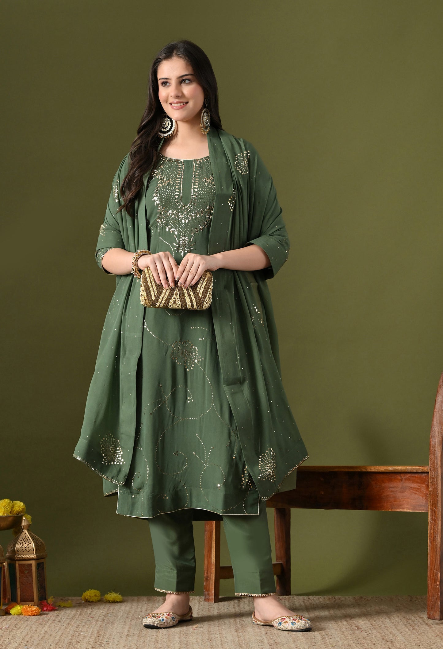 Mehndi Green Georgette & Crepe Mukaish Kurta Set
