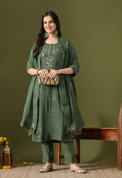 Mehndi Green Georgette & Crepe Mukaish Kurta Set