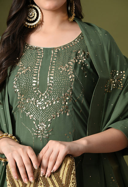 Mehndi Green Georgette & Crepe Mukaish Kurta Set