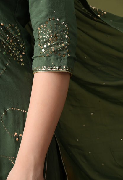 Mehndi Green Georgette & Crepe Mukaish Kurta Set