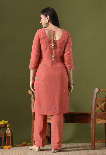 Peach Georgette & Crepe Mukaish Kurta Set