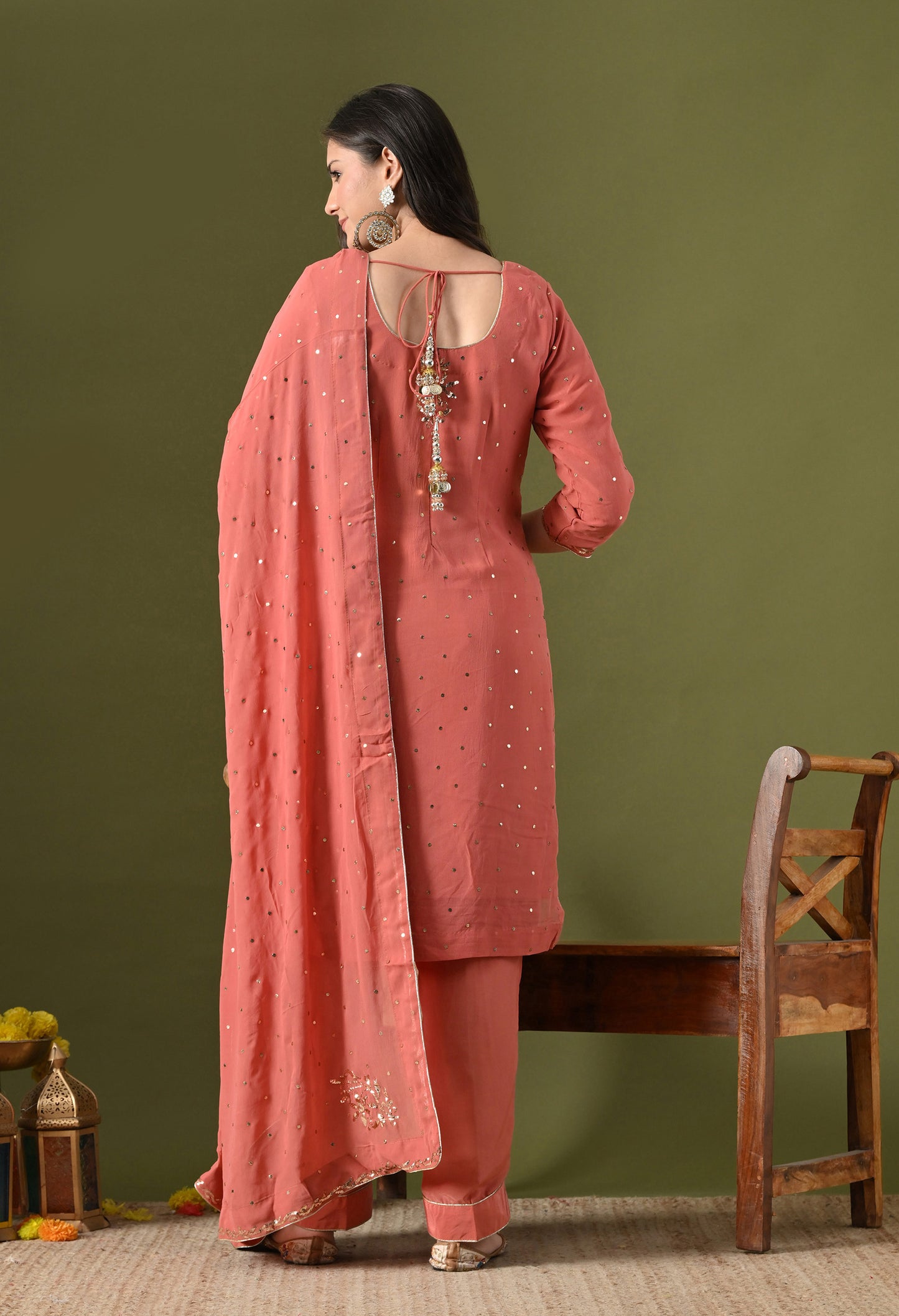 Peach Georgette & Crepe Mukaish Kurta Set