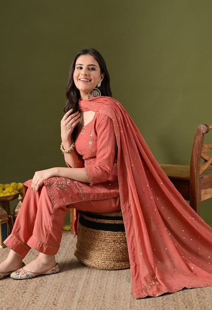 Peach Georgette & Crepe Mukaish Kurta Set