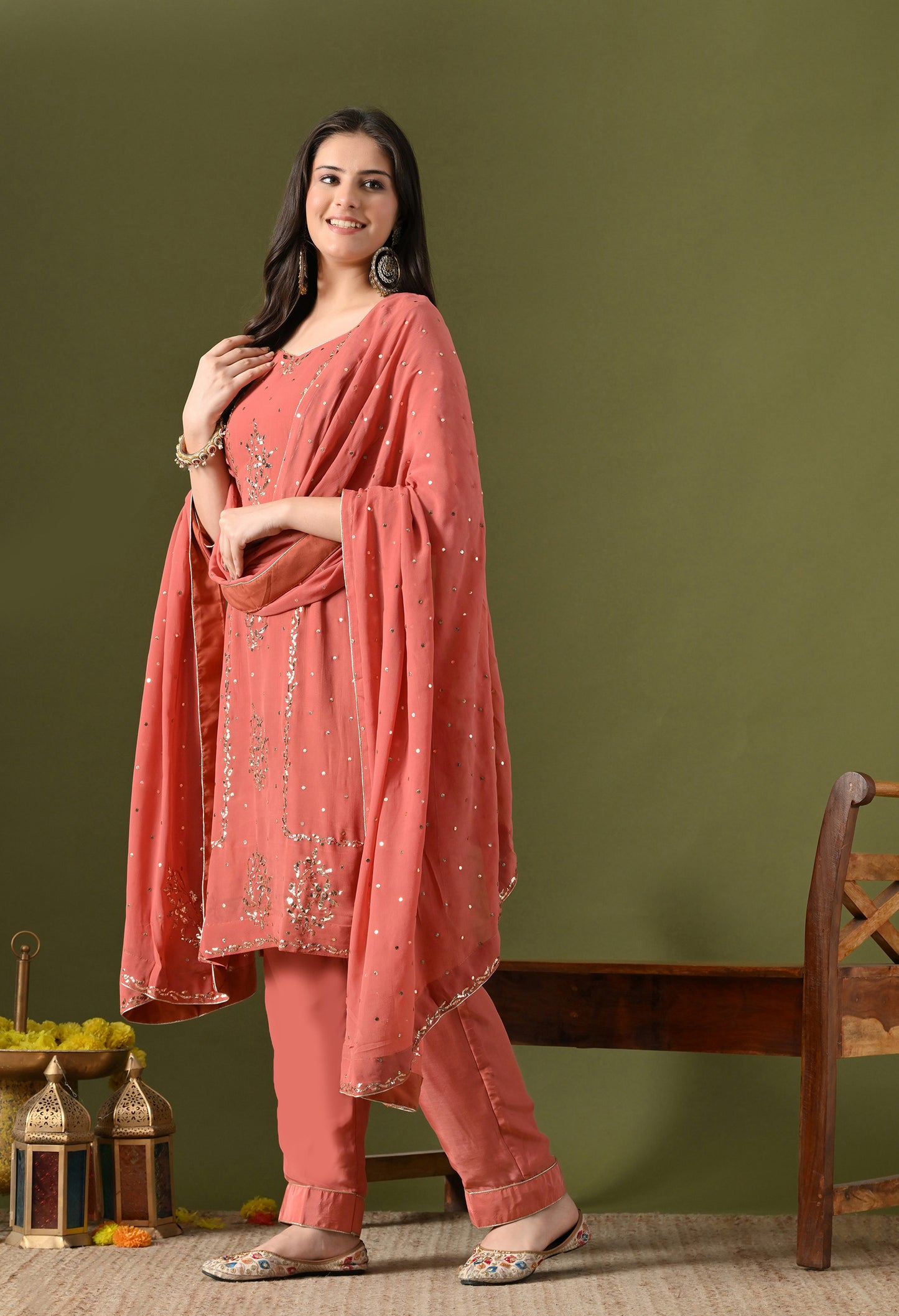 Peach Georgette & Crepe Mukaish Kurta Set