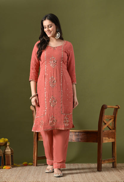 Peach Georgette & Crepe Mukaish Kurta Set