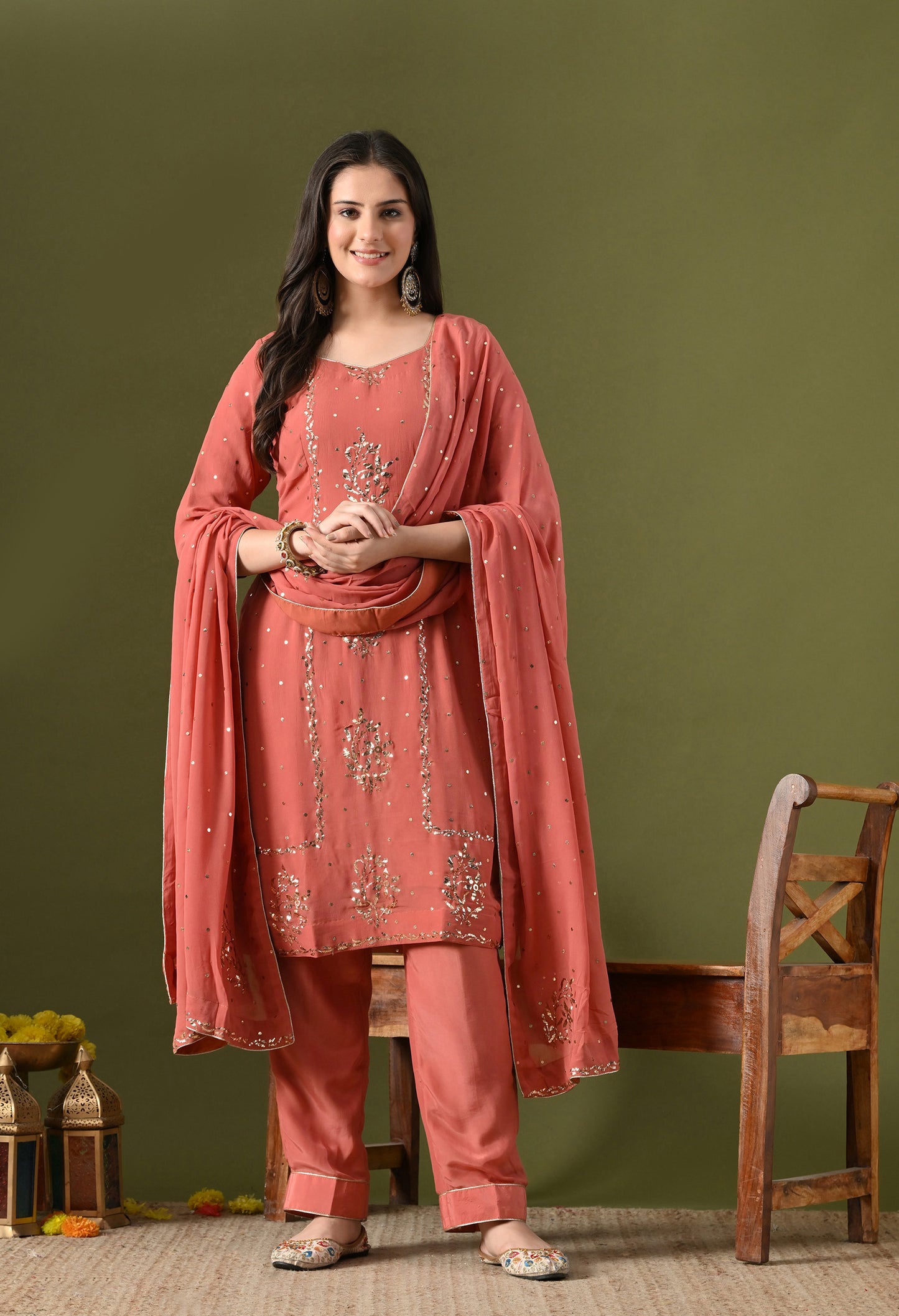 Peach Georgette & Crepe Mukaish Kurta Set