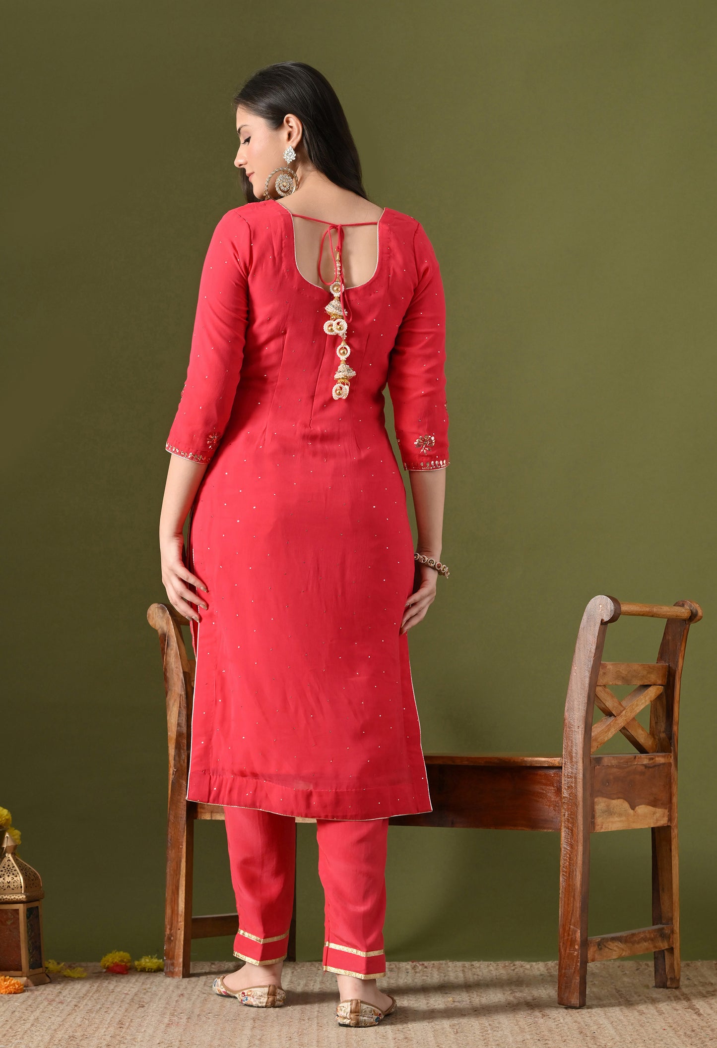 Pinkish Red Georgette & Crepe Mukaish Kurta Set