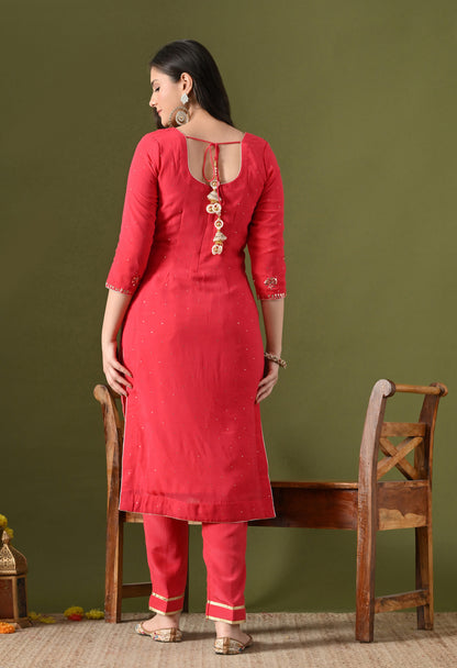 Pinkish Red Georgette & Crepe Mukaish Kurta Set