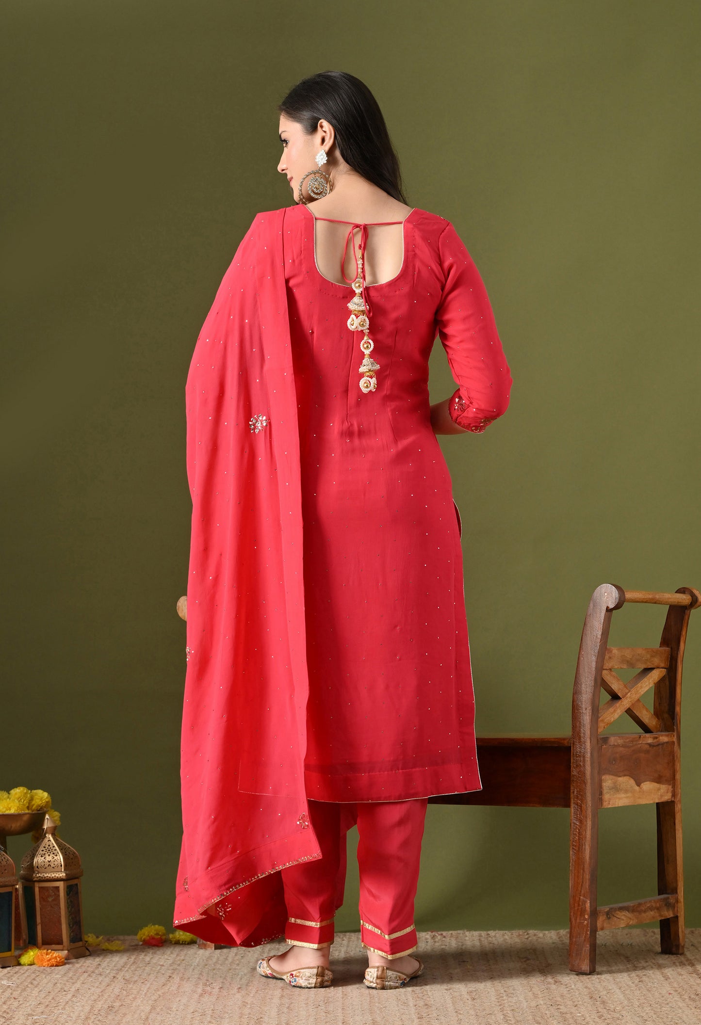 Pinkish Red Georgette & Crepe Mukaish Kurta Set