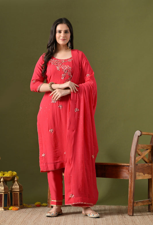 Pinkish Red Georgette & Crepe Mukaish Kurta Set