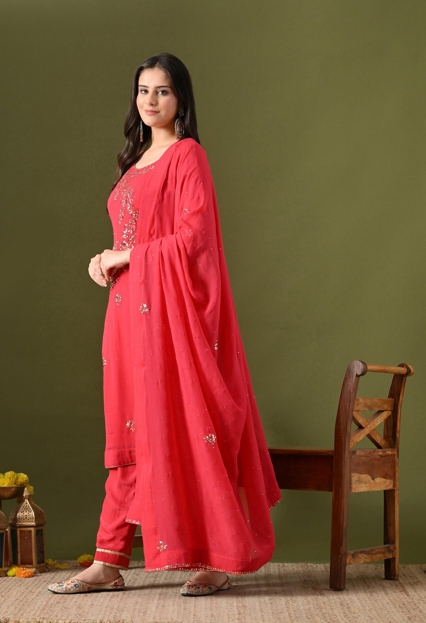 Pinkish Red Georgette & Crepe Mukaish Kurta Set
