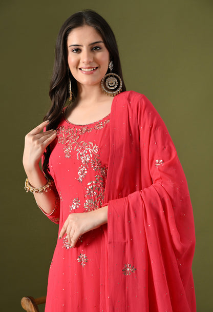 Pinkish Red Georgette & Crepe Mukaish Kurta Set