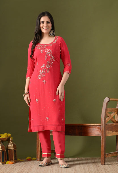 Pinkish Red Georgette & Crepe Mukaish Kurta Set