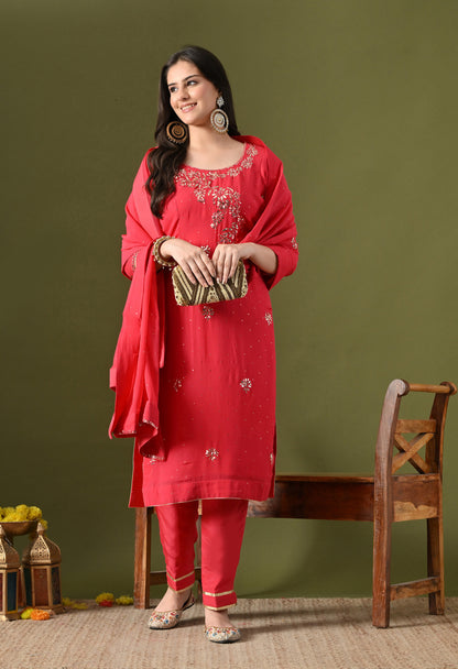Pinkish Red Georgette & Crepe Mukaish Kurta Set