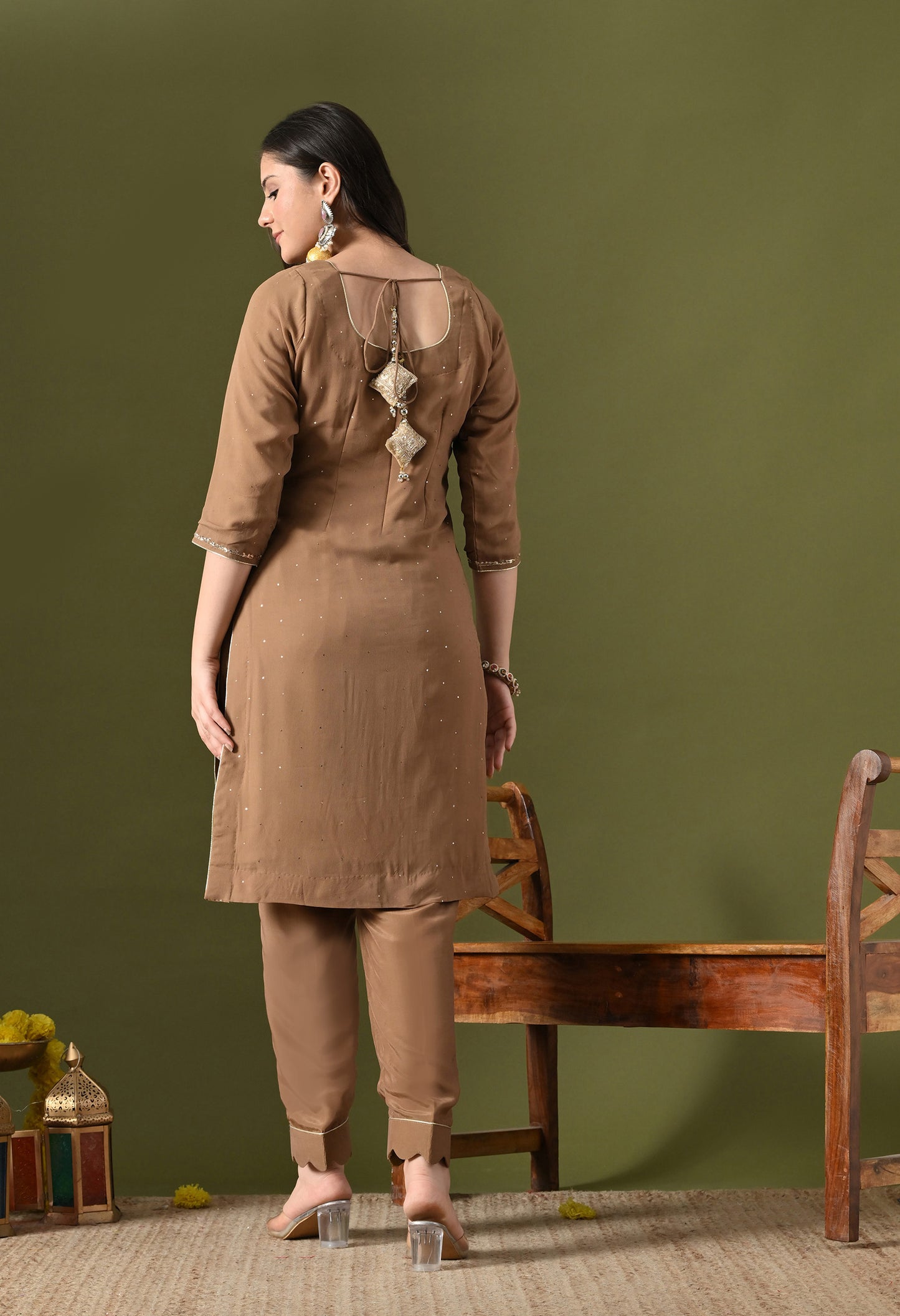 Mehndi Brown Georgette & Crepe Mukaish Kurta Set