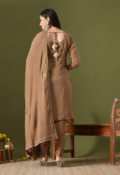 Mehndi Brown Georgette & Crepe Mukaish Kurta Set