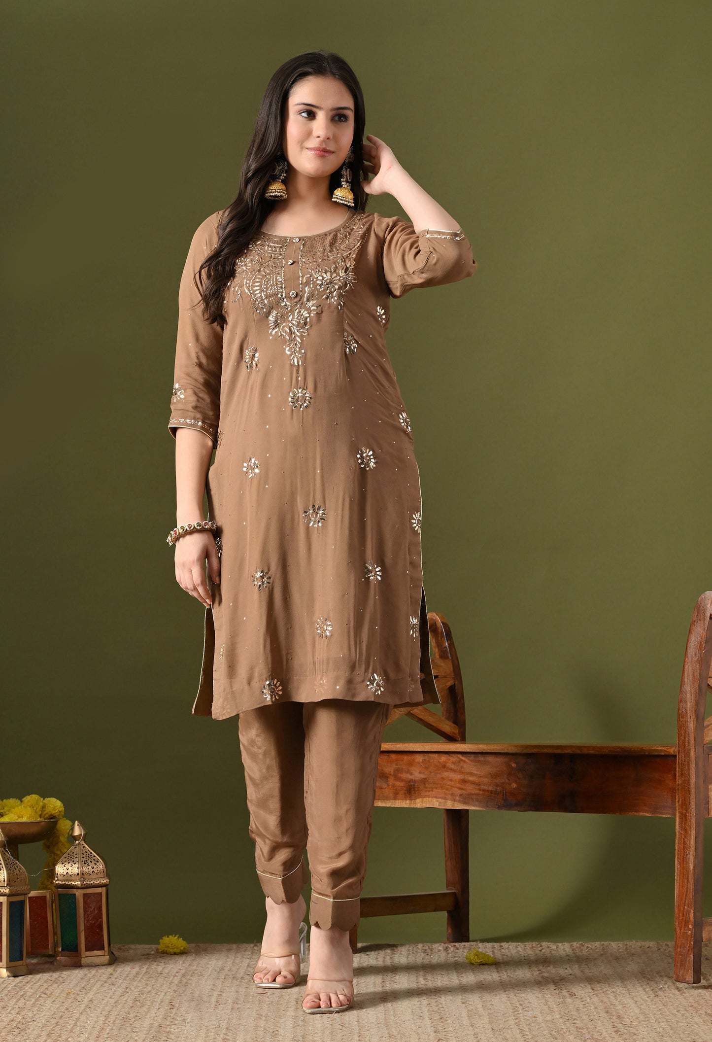 Mehndi Brown Georgette & Crepe Mukaish Kurta Set