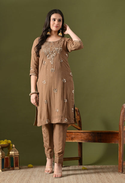 Mehndi Brown Georgette & Crepe Mukaish Kurta Set
