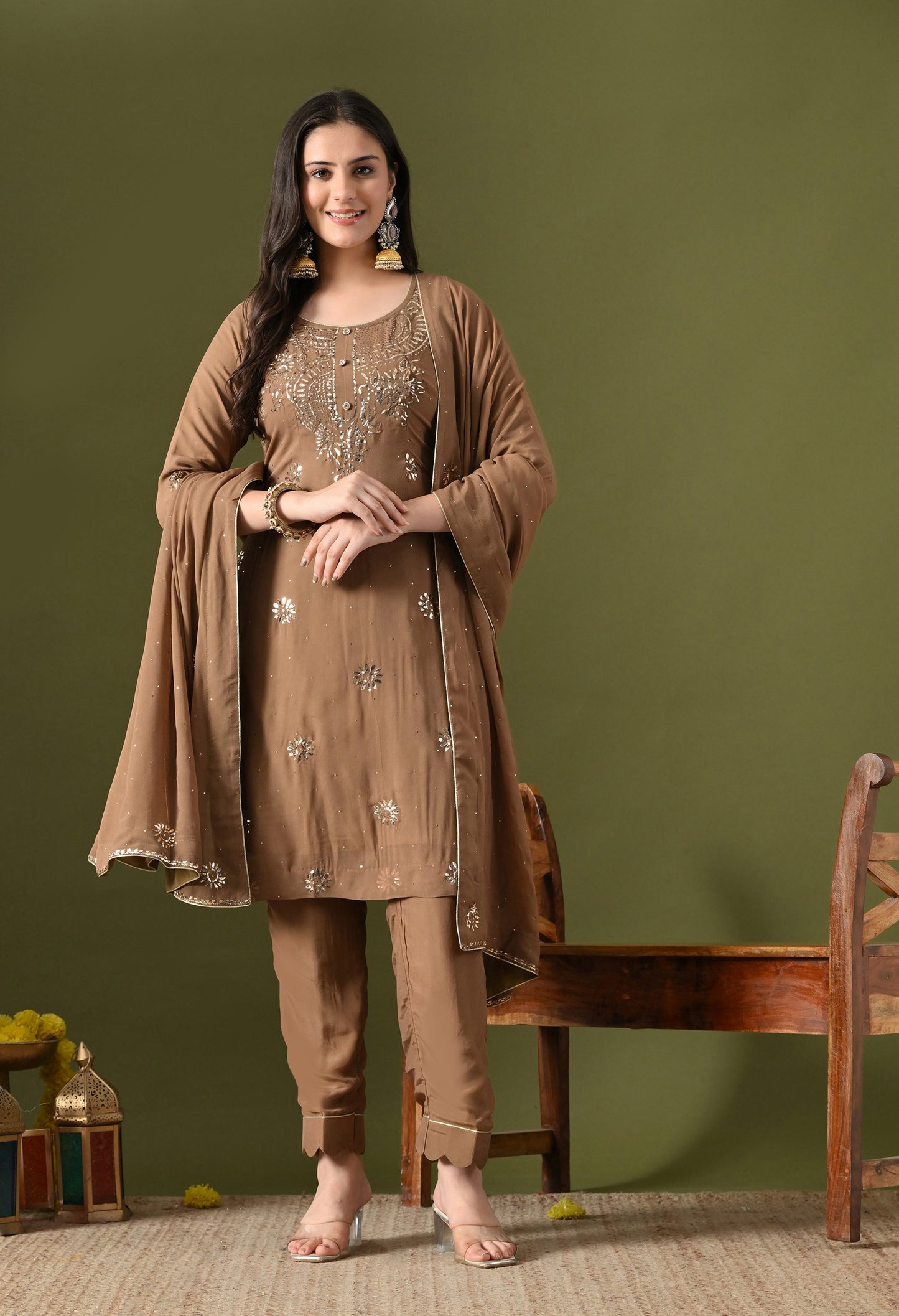 Mehndi Brown Georgette & Crepe Mukaish Kurta Set