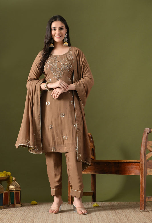 Mehndi Brown Georgette & Crepe Mukaish Kurta Set