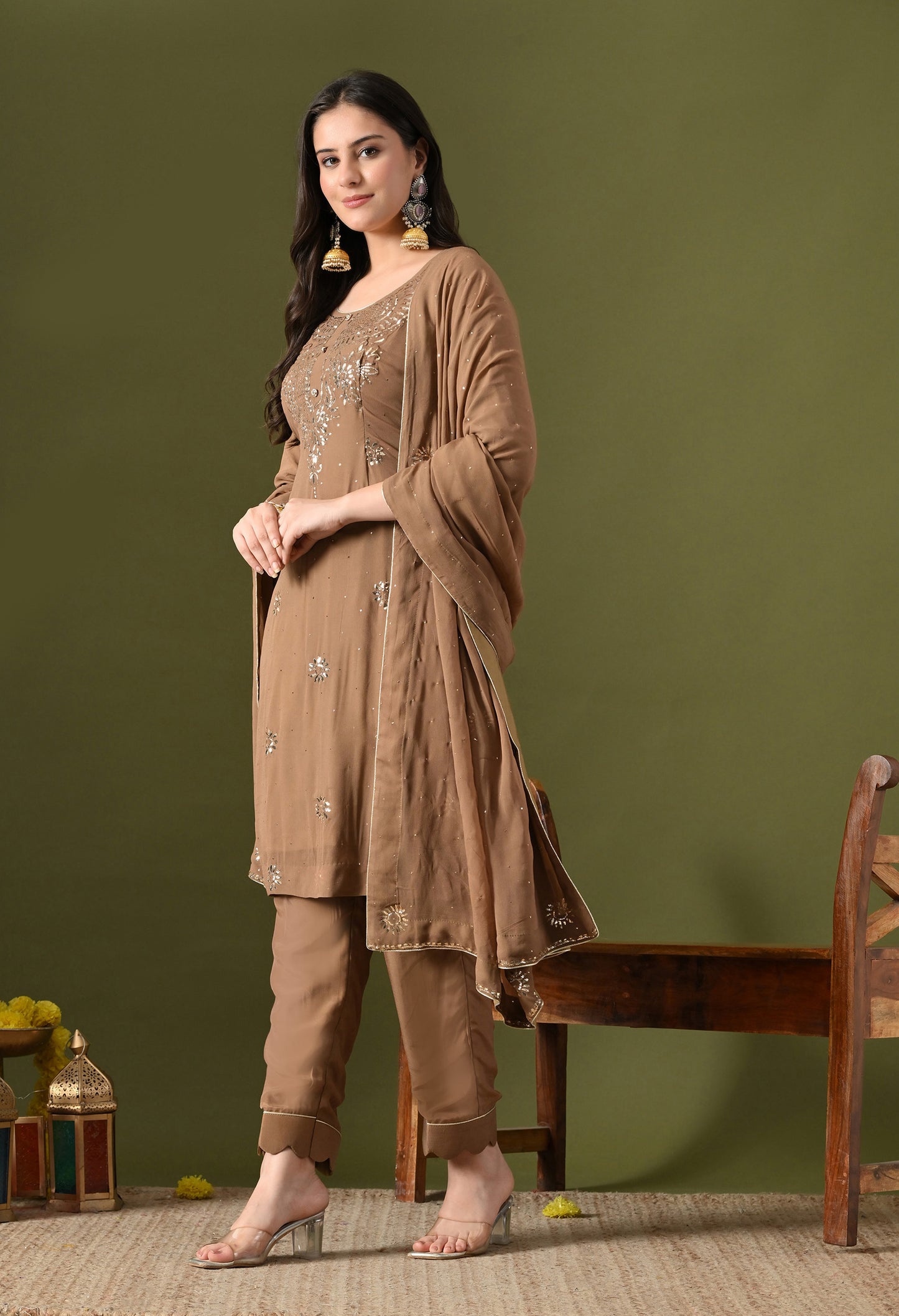 Mehndi Brown Georgette & Crepe Mukaish Kurta Set
