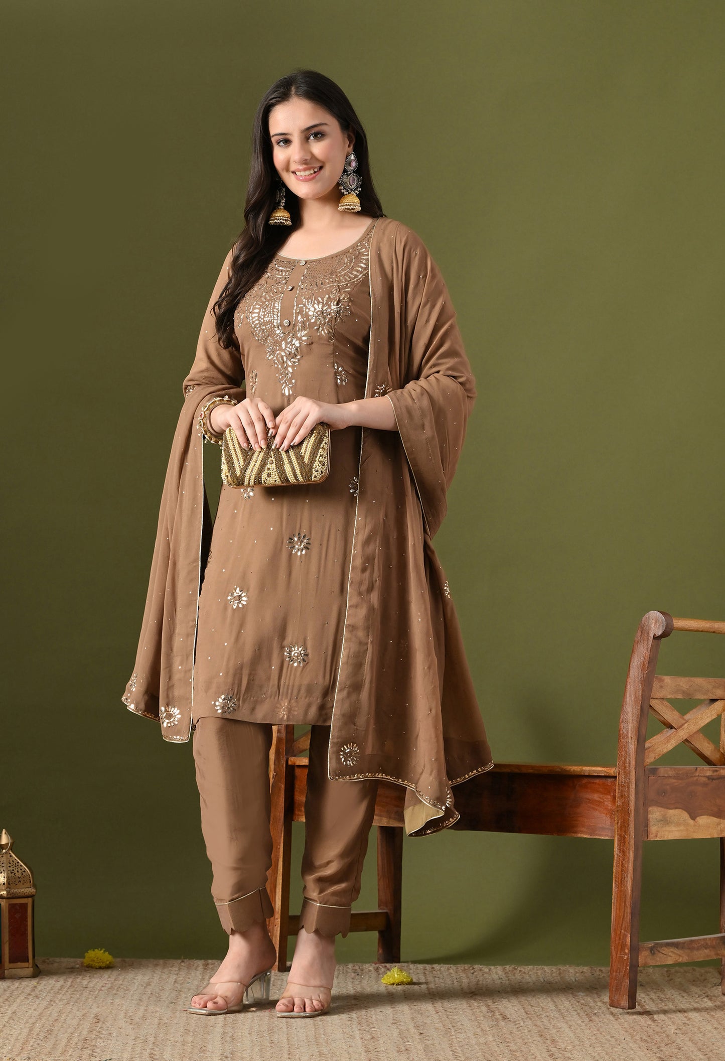 Mehndi Brown Georgette & Crepe Mukaish Kurta Set