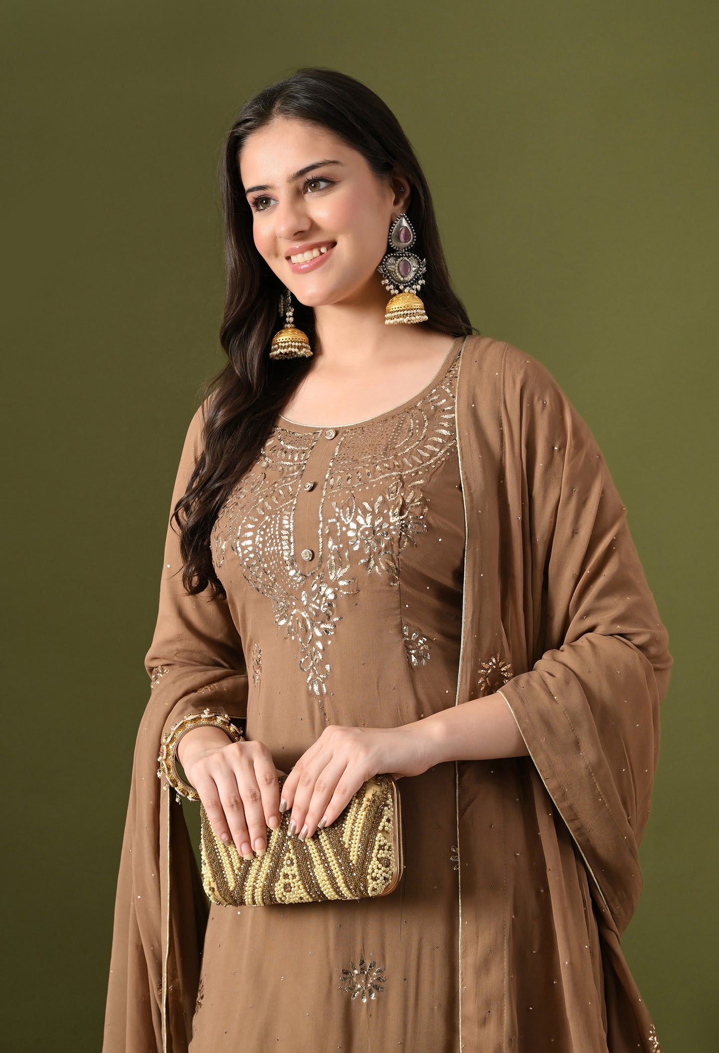 Mehndi Brown Georgette & Crepe Mukaish Kurta Set