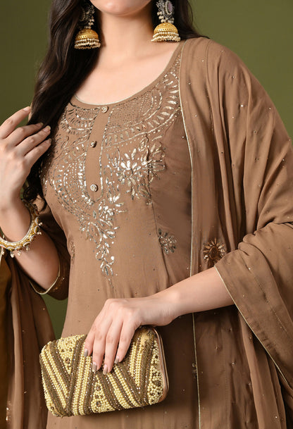 Mehndi Brown Georgette & Crepe Mukaish Kurta Set