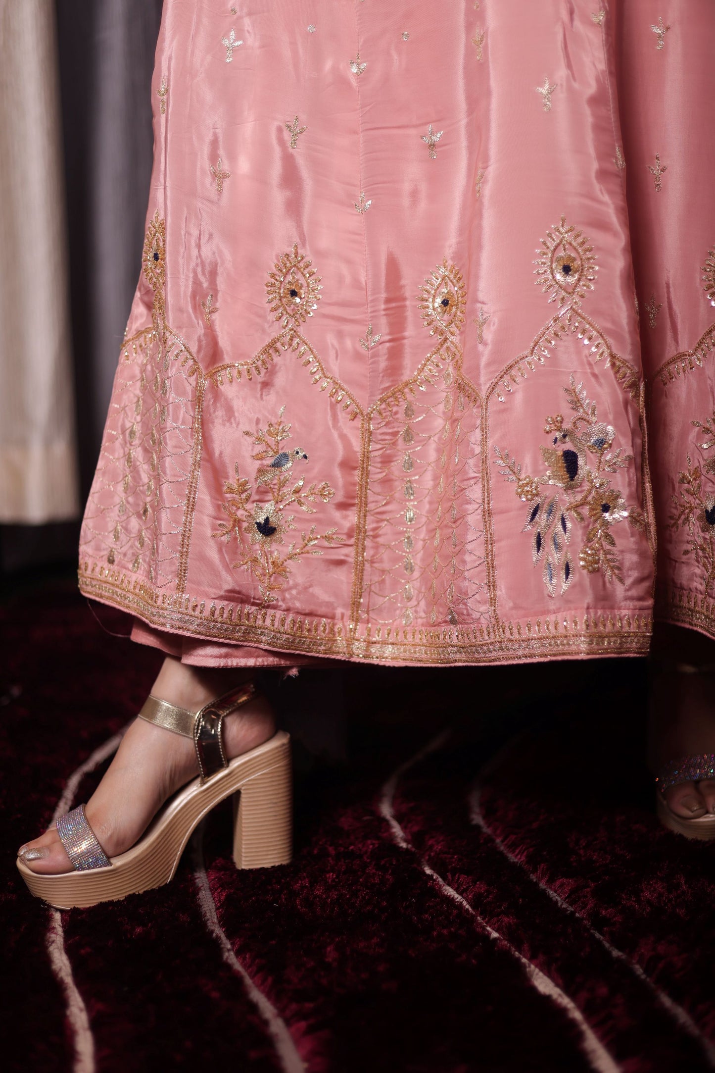 Mesmerising Peach Pink Anarkali Set with Intricate Zardozi Work