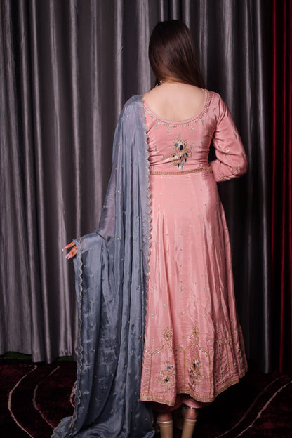 Mesmerising Peach Pink Anarkali Set with Intricate Zardozi Work