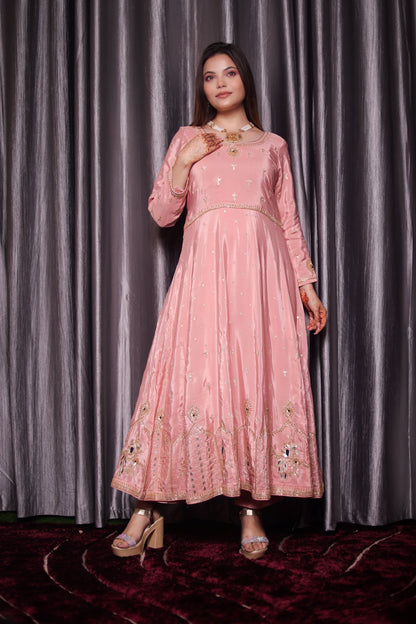 Mesmerising Peach Pink Anarkali Set with Intricate Zardozi Work