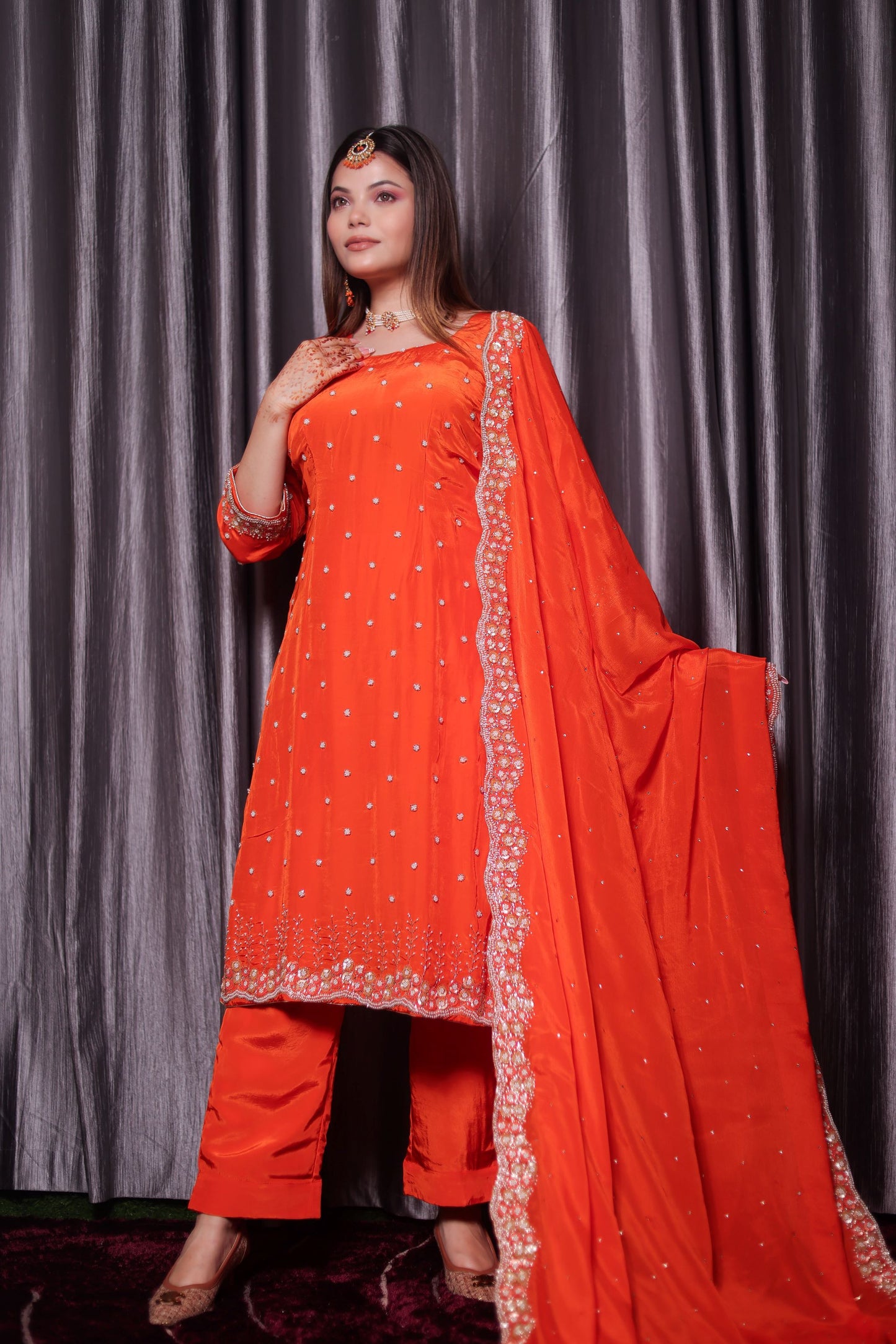 Vibrant Orange Kurta Set with Beautiful Zardozi, Pearl, and Cutdana Work