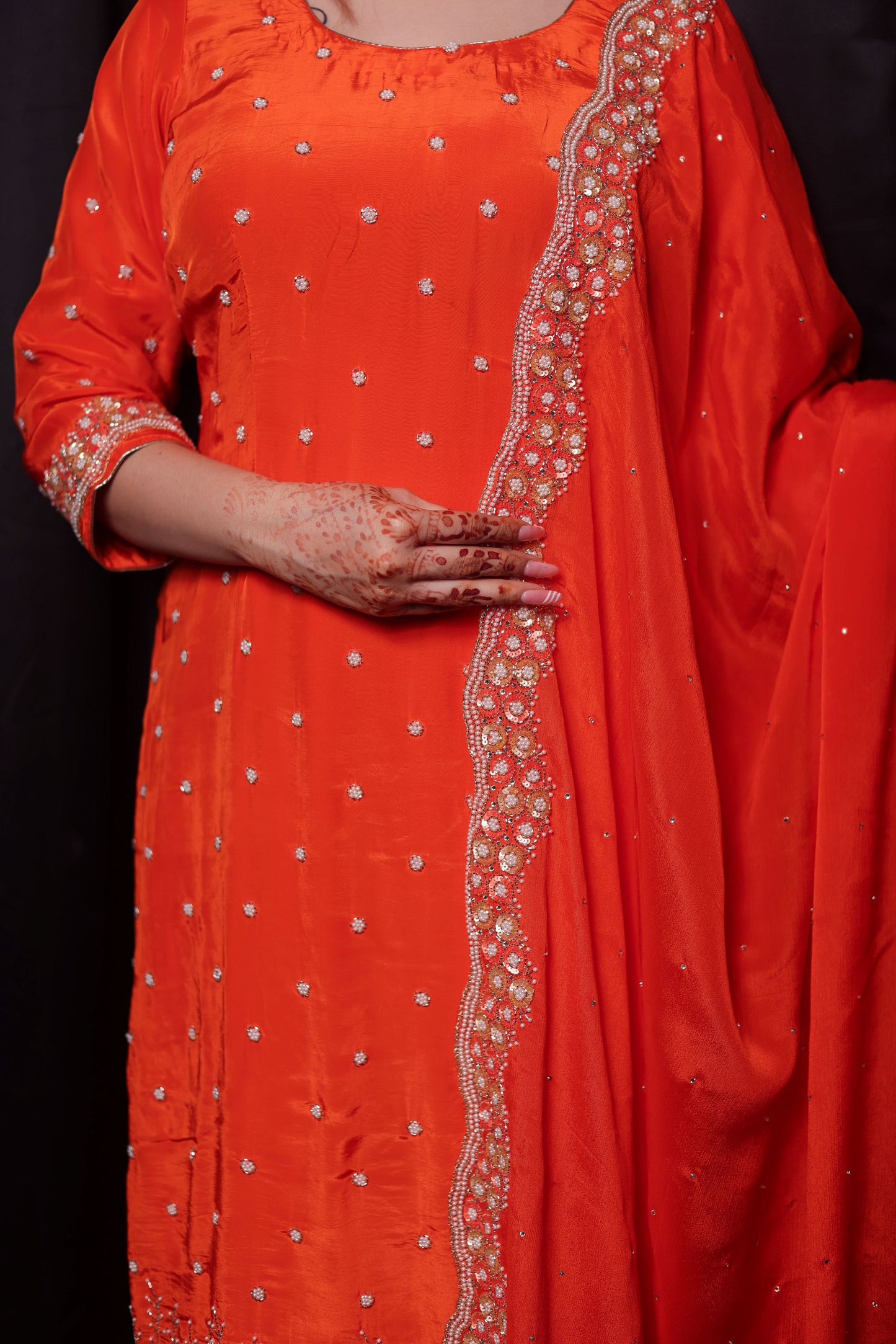 Vibrant Orange Kurta Set with Beautiful Zardozi, Pearl, and Cutdana Work