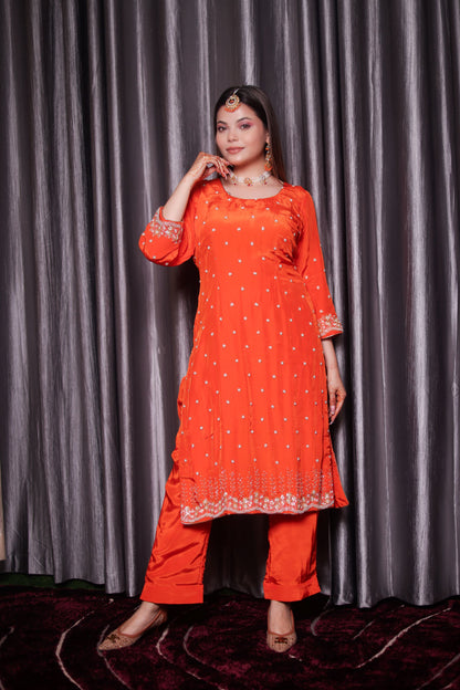 Vibrant Orange Kurta Set with Beautiful Zardozi, Pearl, and Cutdana Work