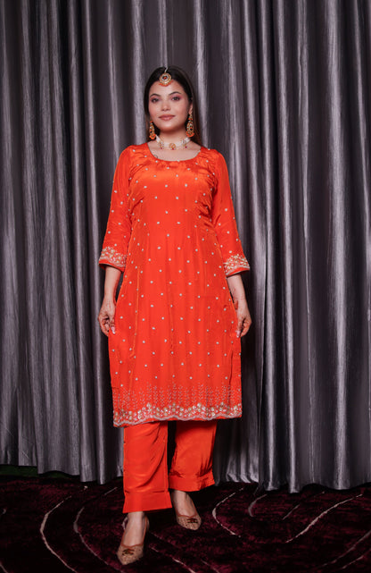 Vibrant Orange Kurta Set with Beautiful Zardozi, Pearl, and Cutdana Work