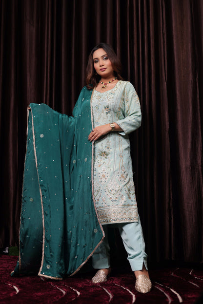 Light Blue-Green Zardozi Sequence Dabka Kurta Ensemble