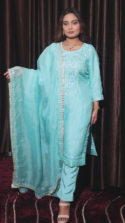 Delicate Baby Blue Organza Kurta Set with Thread, Sequin, and Dabka Embroidery