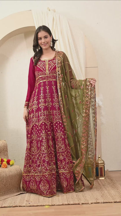 Hot Pink  Anarkali with Zardozi and Sequence Work