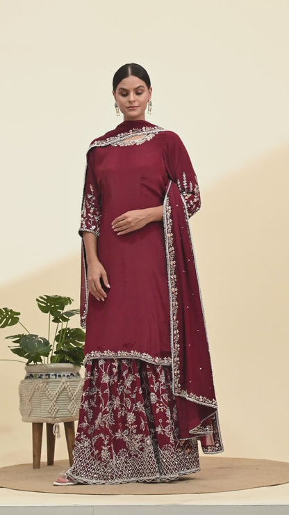 Rich Maroon Crepe Sharara Set with Thread and Sequin Embroidery