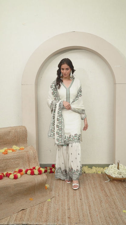 Off White Cream Sharara Set with Elegant Thread and Crystal Work