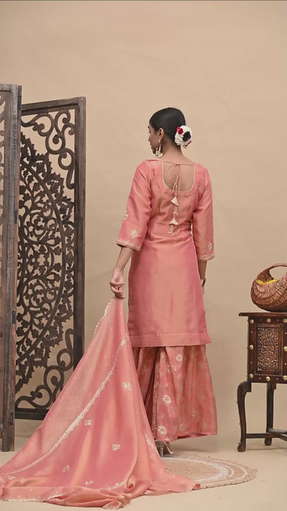 Drak Peach Sharara Set with Zardozi, Dabka, Sequence, and Thread Work