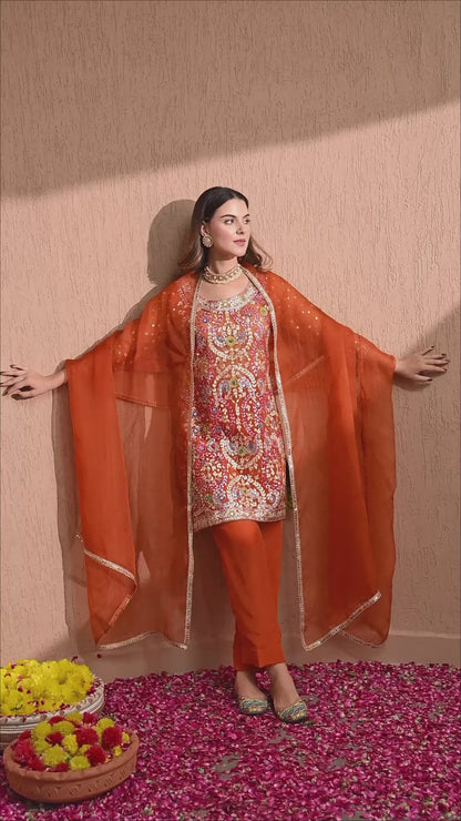 Dark Orange Kurta Set with Gotta, Thread, Dabka, and Zardozi