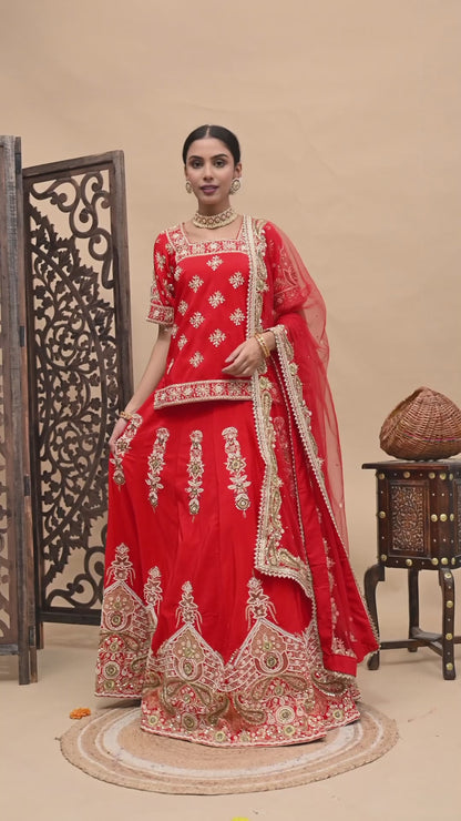 Elegant Red Lehenga Set with Zardozi, Dabka, Sequence, and Pearl Work