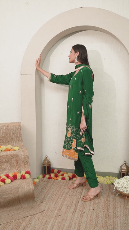 Bottle Green Kurta Set with Zardozi, Applique, and Sequence Work