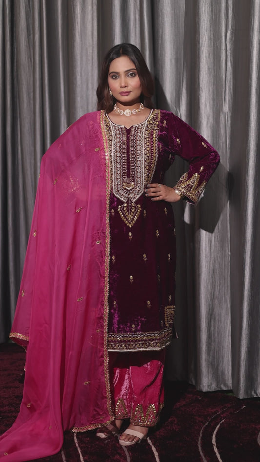 Elegant Pink Wine Velvet Kurta Set with Zardozi, Gotta, and Pearl Embroidery